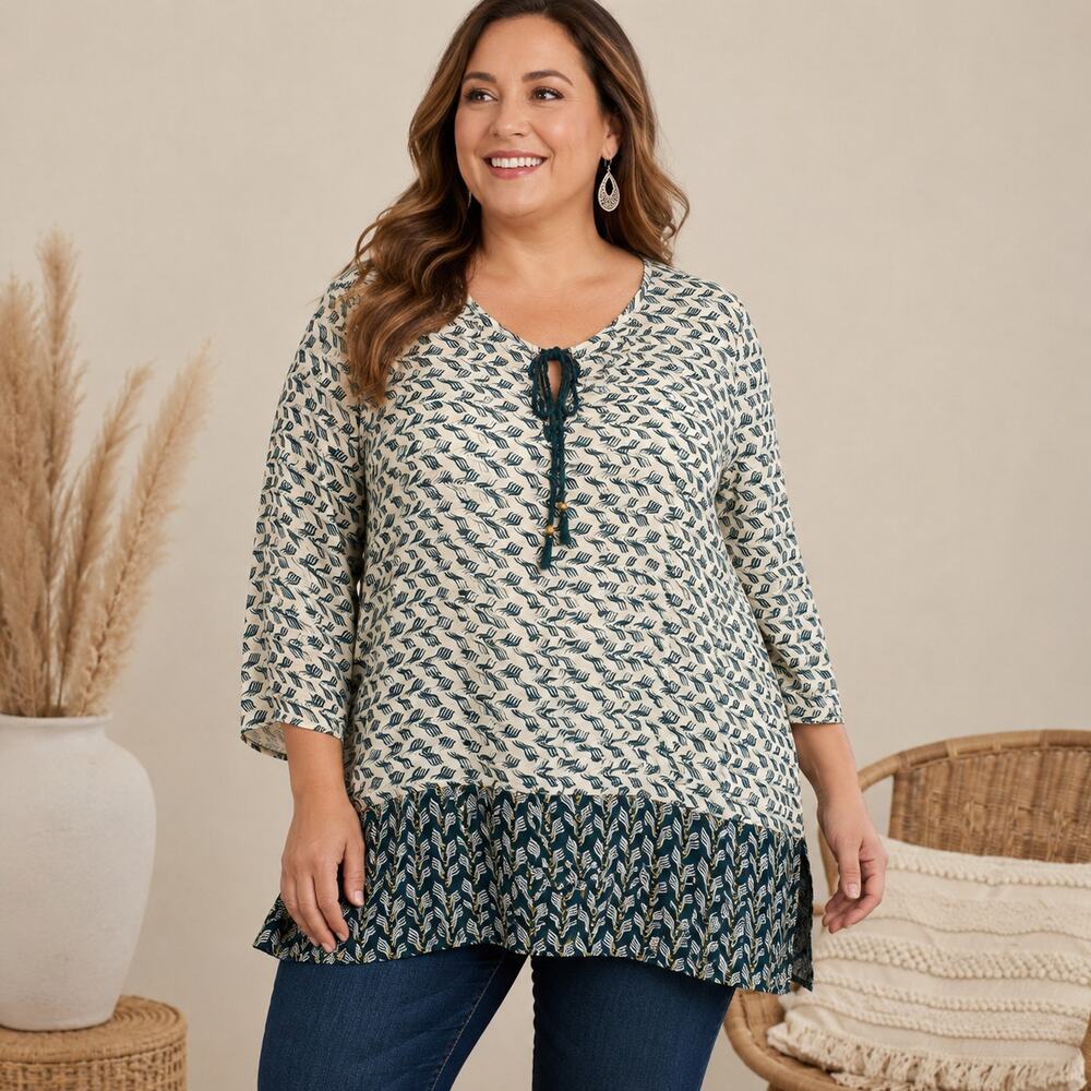 Bob Timberlake XXL Boho Tunic Dress Viscose Tie Neck Embroidered Hem